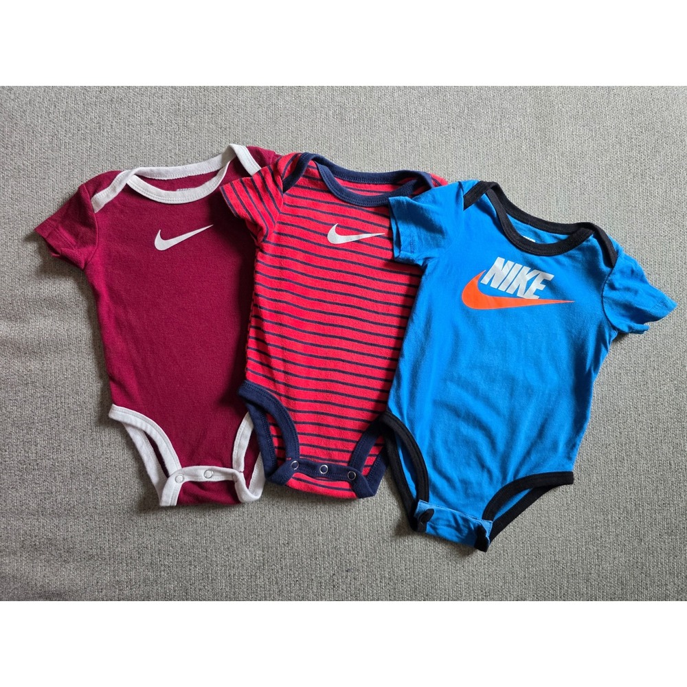 Nike Baby Bodysuits 3 Pack Short Sleeve Onesies Blue Red Striped 6M 6 Months